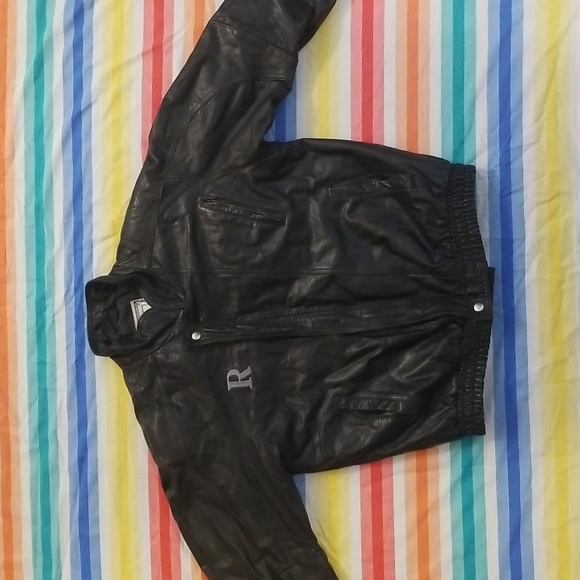 Black Leather Jacket with Embroidered R on Chest - Picture 4 of 12